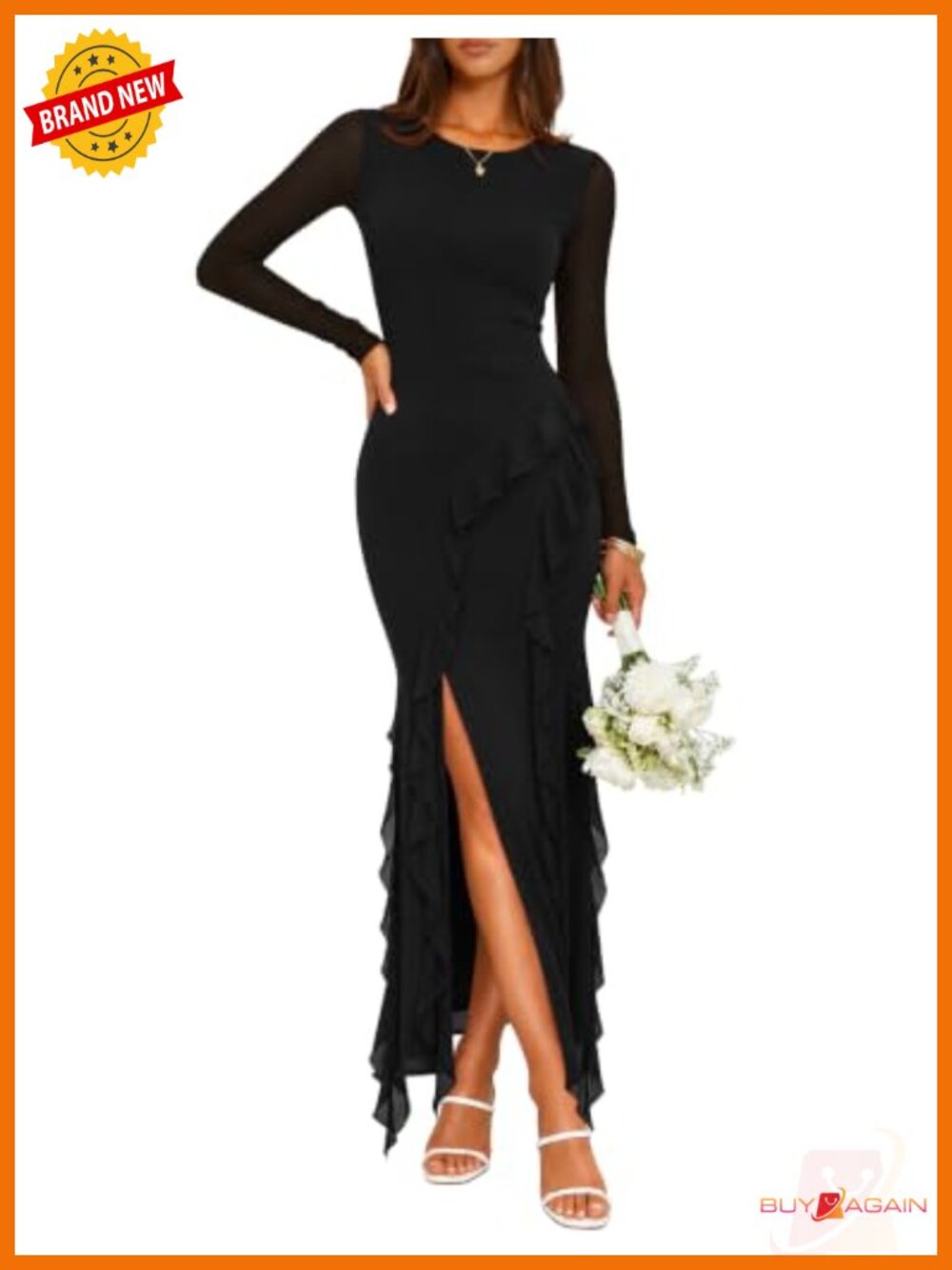 Womens Mesh Bodycon Mermaid Maxi Dress Long Sleeve Ruffle Slit Formal